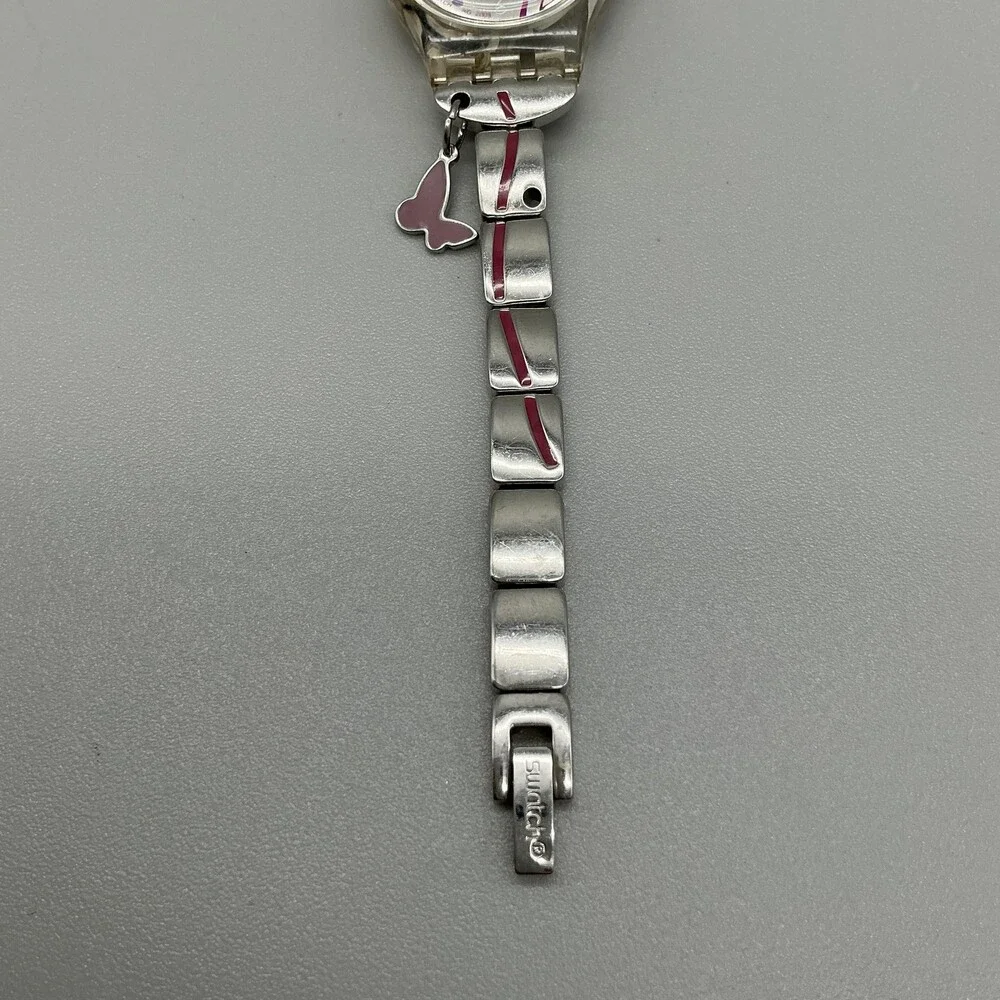 Swatch Butterfly 2009 Womens Watch 25mm Silver Tone Pink Charm New Battery 6.75